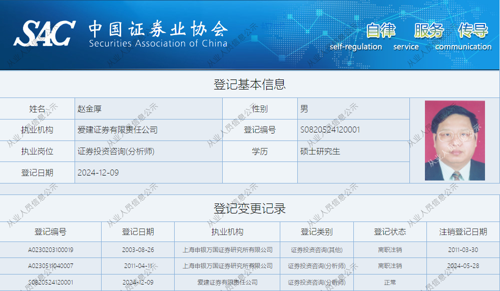 退休仅7个月，国内第一位白金分析师赵金厚加盟爱建证券