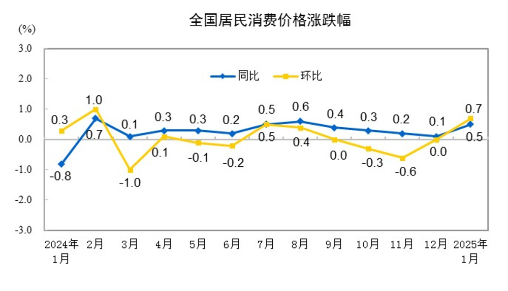 2025年1月份CPI同比上涨0.5%