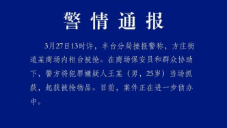 北京丰台警方通报一商场柜台被抢：在保安和群众协助下，嫌疑人当场被抓