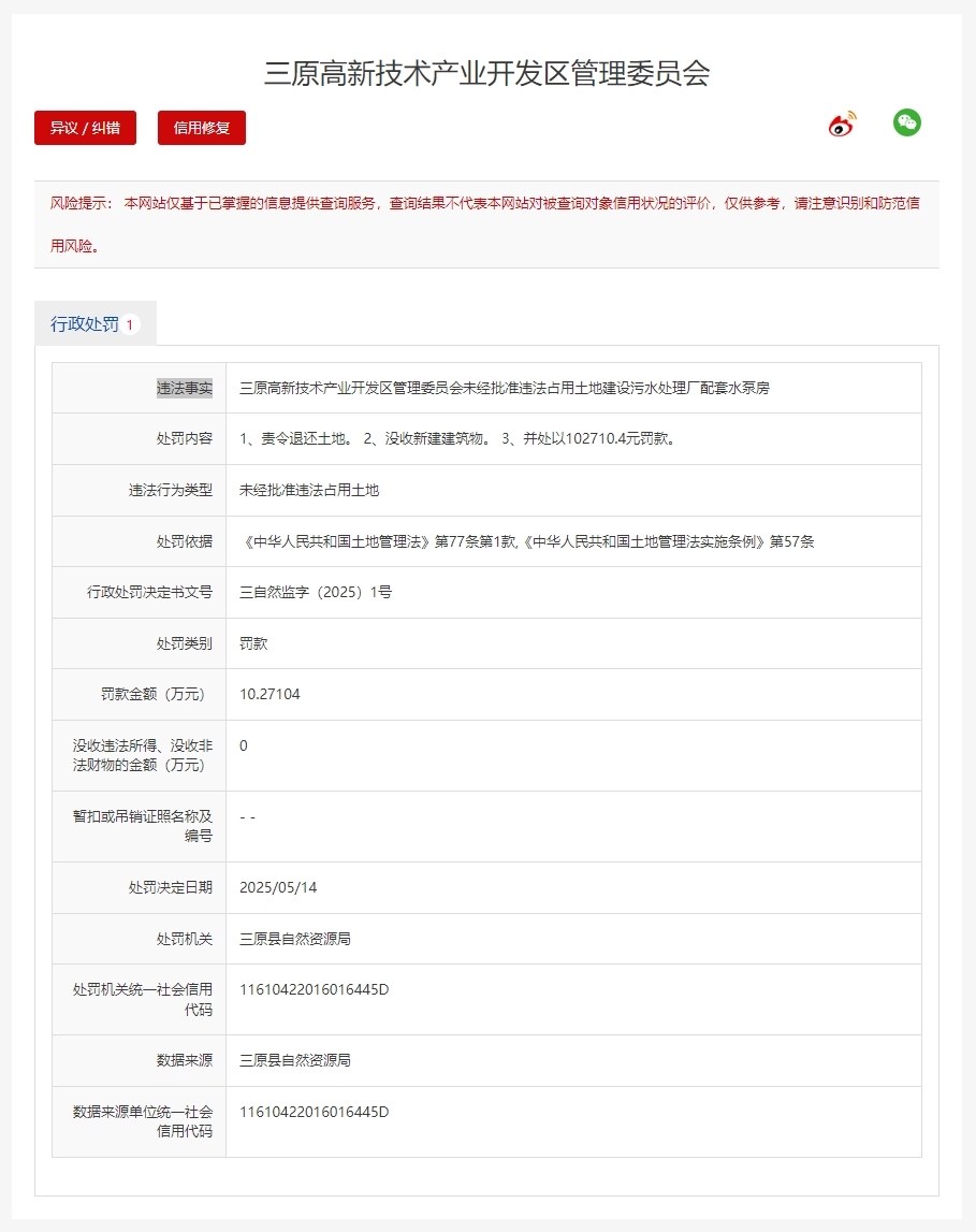 陕西三原高新区违法占用土地，被自然资源局罚款10万元