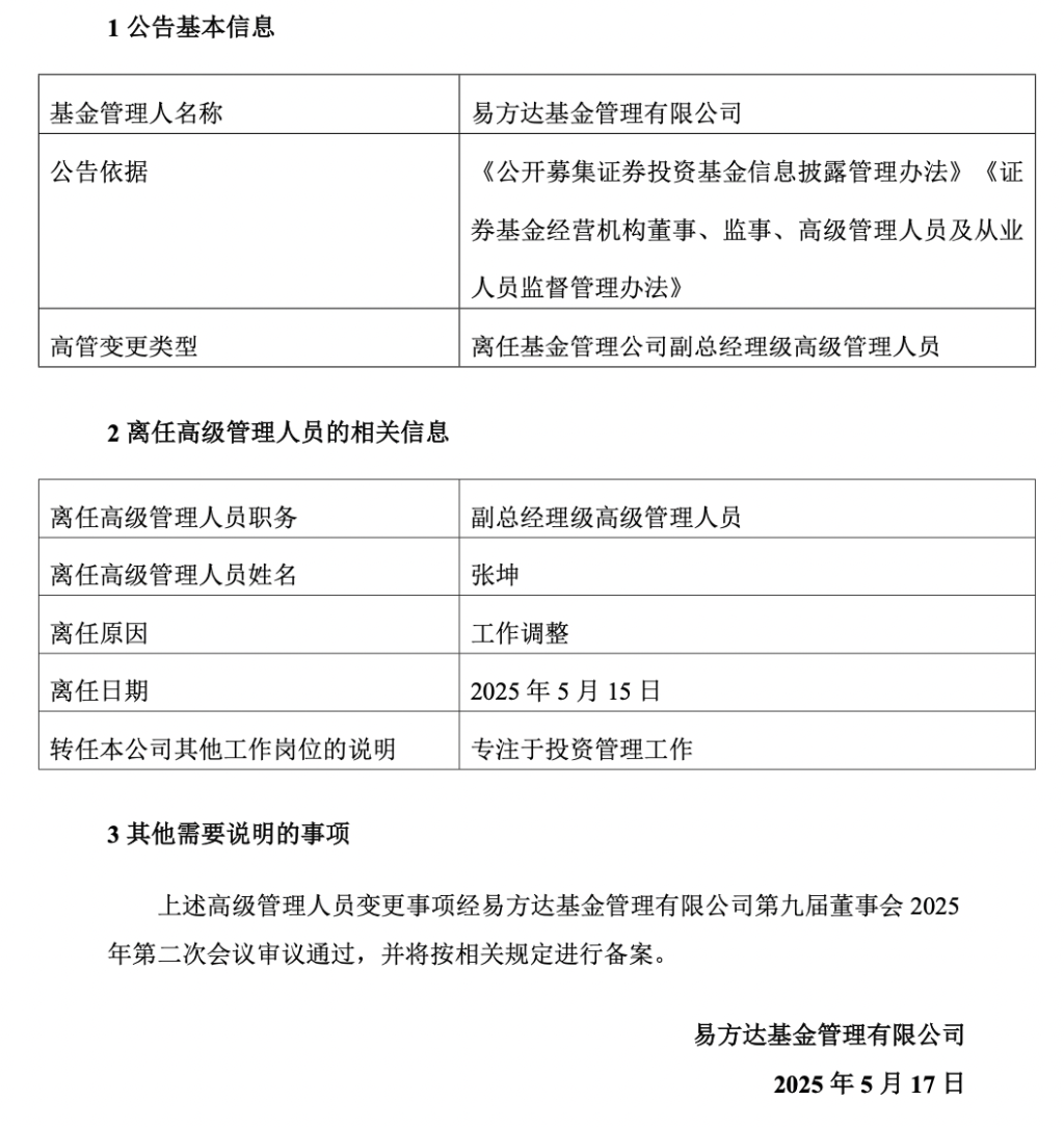 又一例！易方达基金张坤卸任副总职务，将专注于投资管理工作