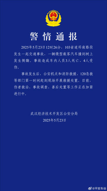 武汉警方：一微型载客汽车撞树侧翻，致3死4伤
