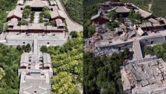 航拍太原太山博物館坍塌現場：部分建筑損毀、山體現大坑