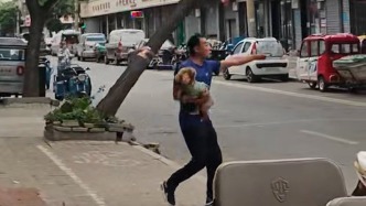 “別過(guò)來(lái)！”大樹(shù)被風(fēng)吹倒瞬間，熱心男子緊急喊停騎行女子