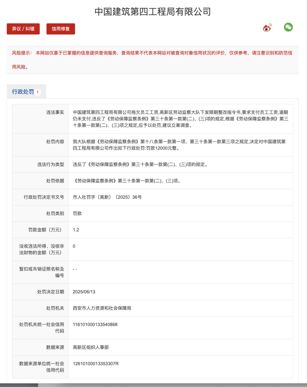 因拖欠员工工资，中国建筑第四工程局公司被罚款1.2万元