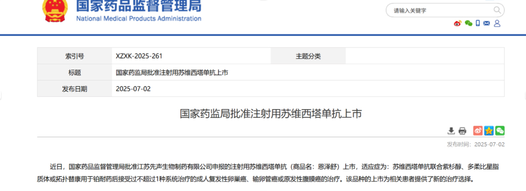 填补铂耐药卵巢癌靶向治疗空白​，一类新药苏维西塔单抗获批上市