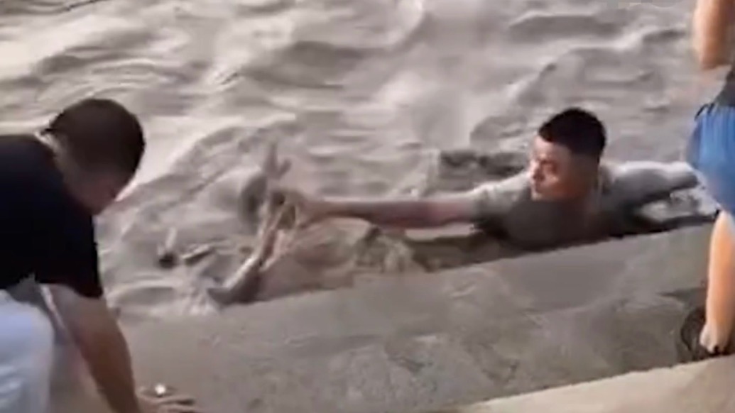 善良的本能!男子跳入激流勇救落水儿童,妻子在岸边紧紧抓住他的手