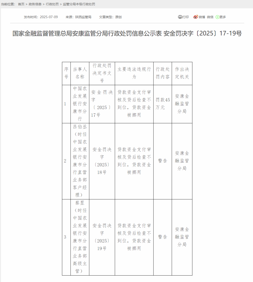 审核及贷后检查不到位致贷款资金被挪用，农行安康市分行被罚45万元