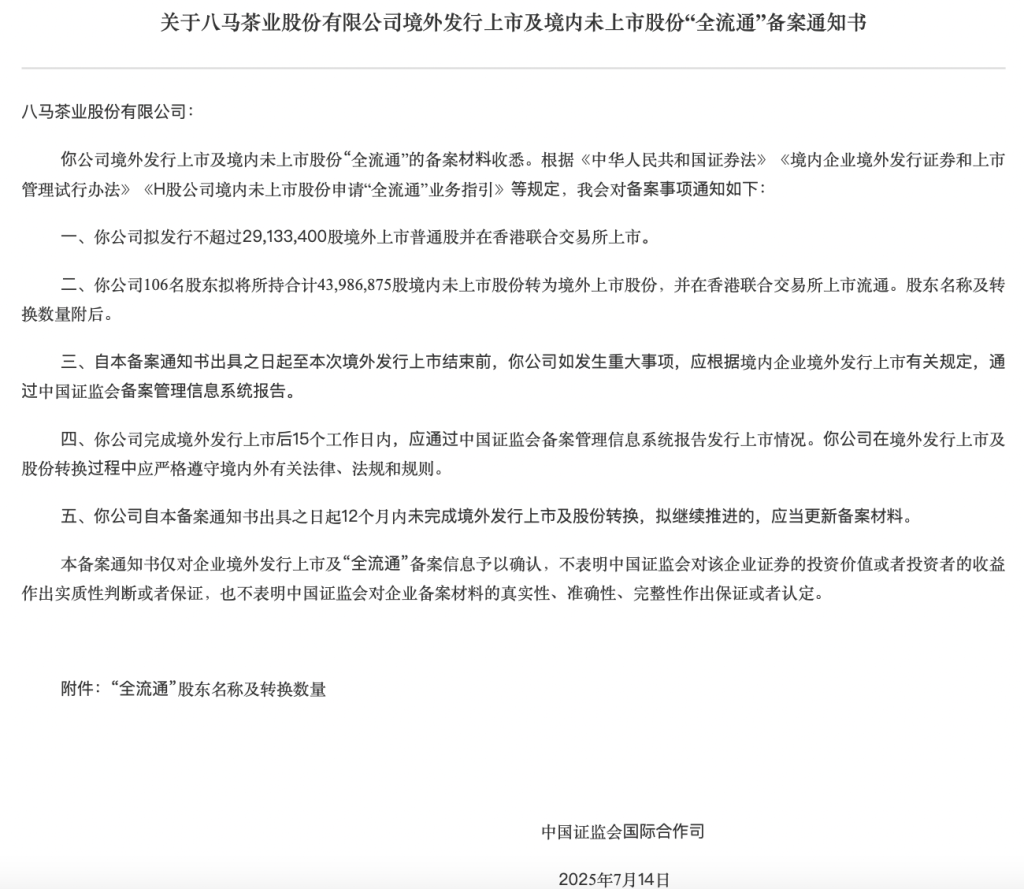 八马茶业港股IPO及境内未上市股份“全流通”获证监会备案