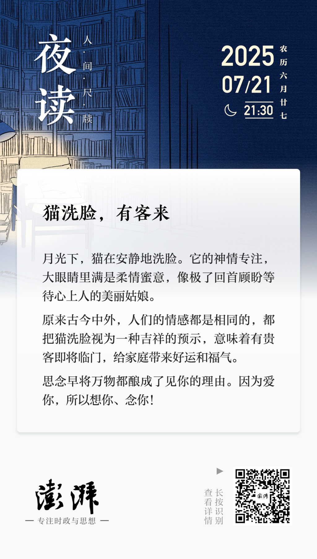 夜读｜猫洗脸，有客来