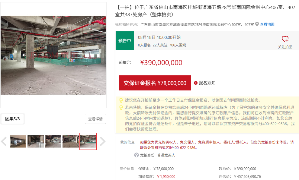 富力地产佛山华南国际金融中心387处房产将整体拍卖，起拍价3.9亿元