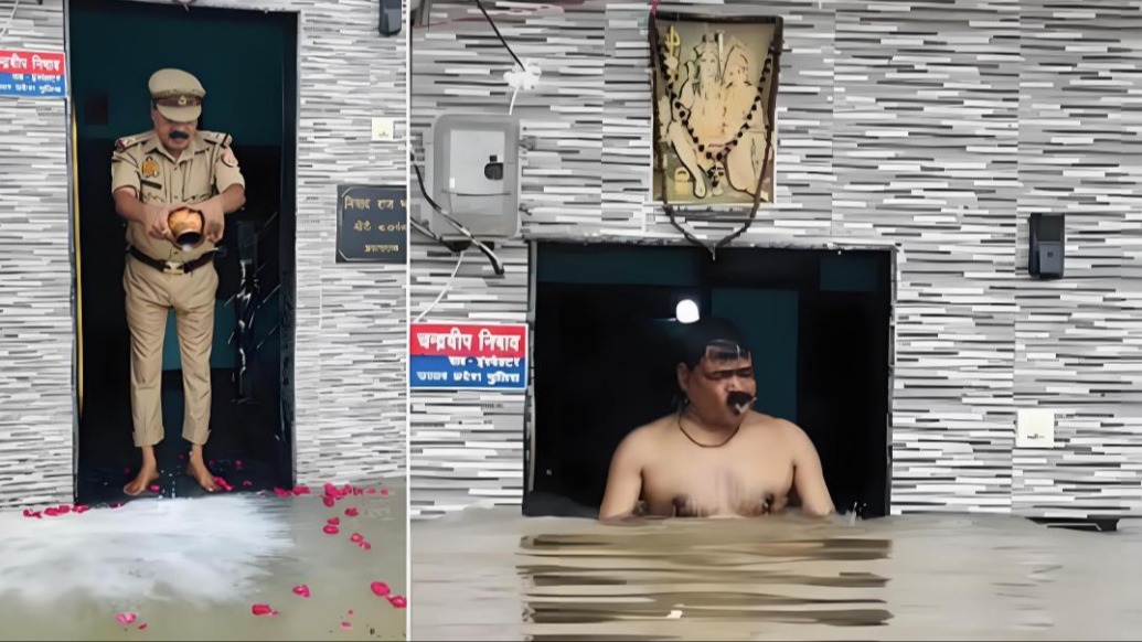 洪水淹家不發(fā)愁,印度警察向水中倒牛奶撒花瓣:這是恩賜
