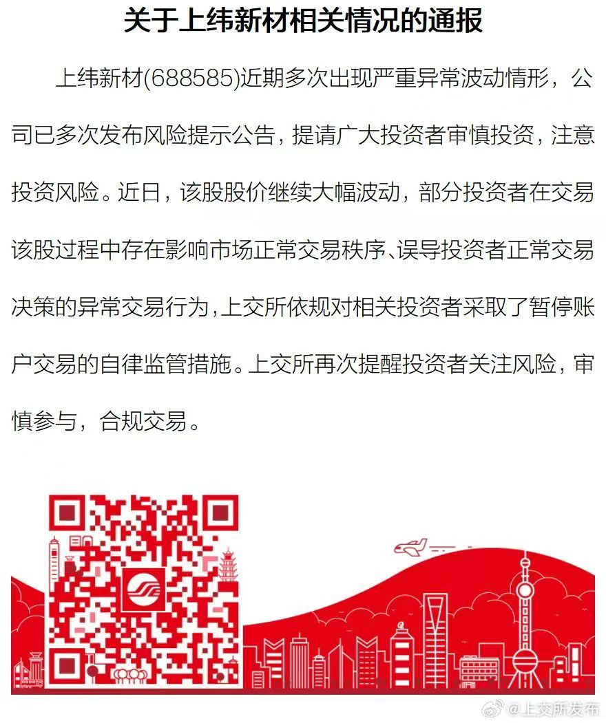 苏州少儿散打（报名咨询）1891-5555-567：:苏州少儿散打武术（报名咨询）1891-5555-567：-上交所发布上纬新材相关情况通报：部分投资者存在异常交易，被暂停账户交易