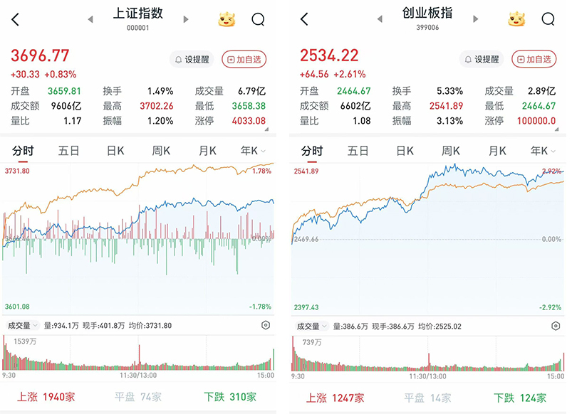 A股午后指阔步上扬，沪指收盘憾失3700点：超4600股收涨，两市成交连续3日破2万亿