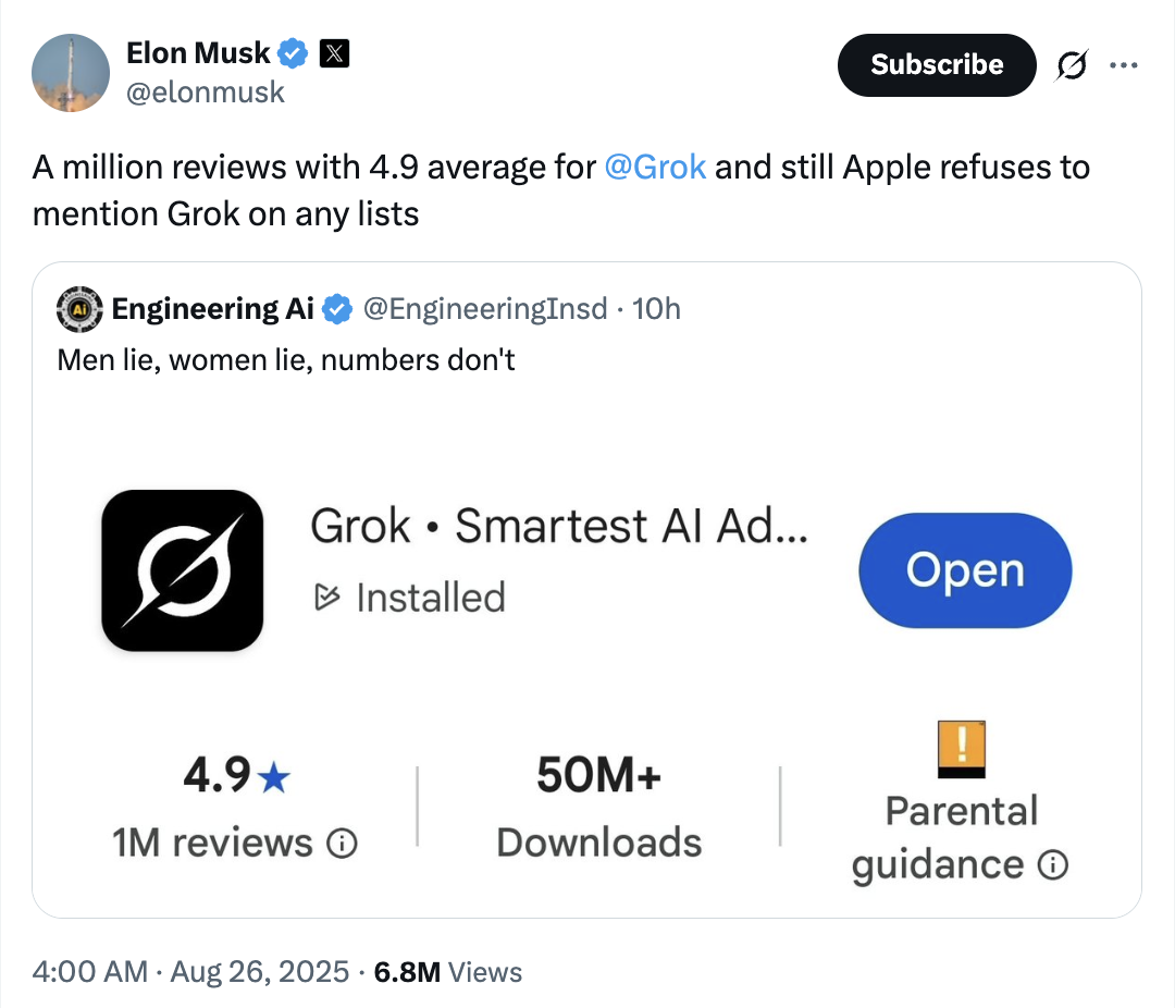 马斯克旗下xAI起诉苹果和OpenAI，称二者“合谋”阻挠AI领域公平竞争