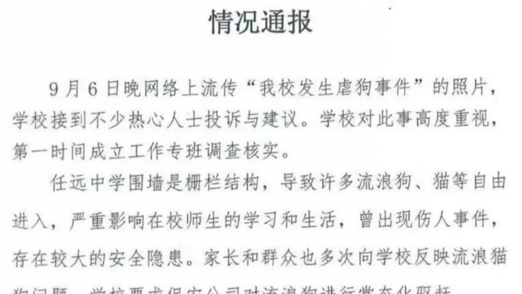 江西一中学通报虐狗事件：保安私自安排社会人员驱赶校内流浪狗，出现流浪狗死亡