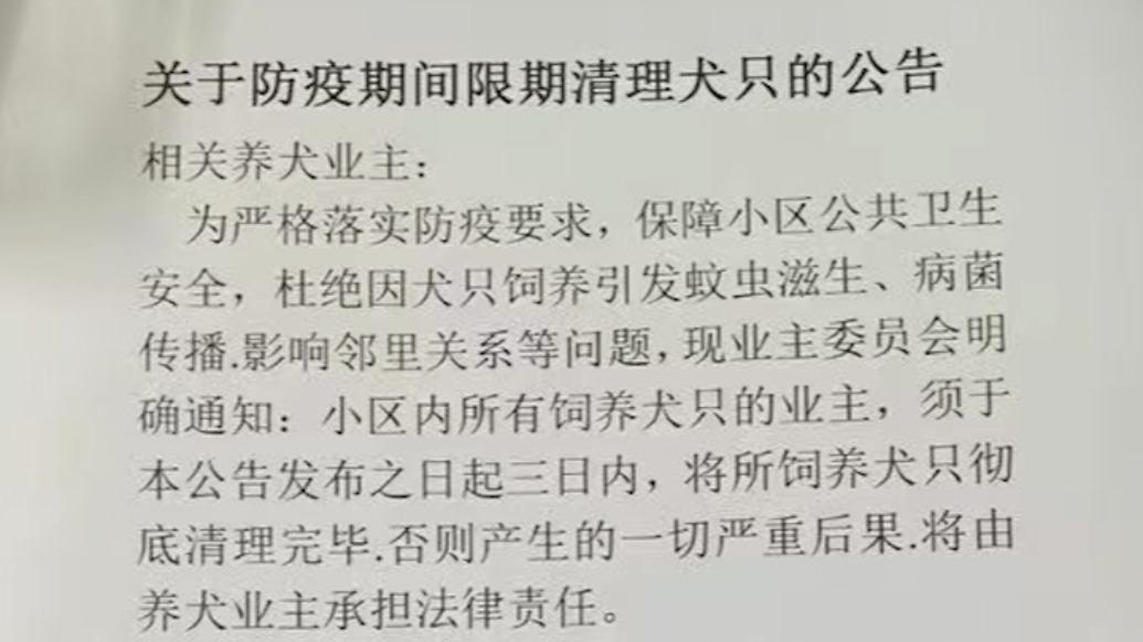 廣東一小區(qū)業(yè)委會(huì)通知養(yǎng)犬人落實(shí)防蚊要求處理犬只，街道辦已要求整改