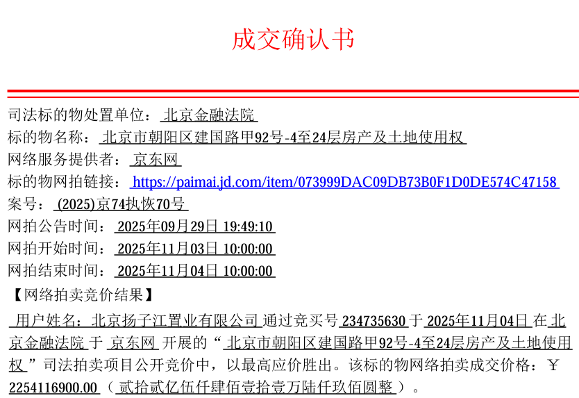 北京世茂大厦22.54亿元法拍成交,扬子江药业名下公司竞得