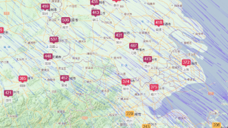 上海、嘉興、湖州一帶PM10濃度上升，上海已達(dá)重度污染