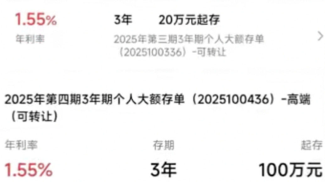 工行大额存单100万元起存，3年期利率1.55%已售罄