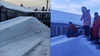 硬核寵孫！東北姥爺在院中堆雪造20米長滑梯