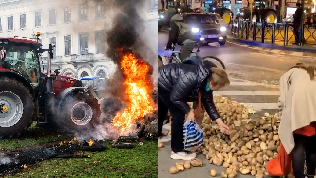 歐洲農(nóng)民開拖拉機圍堵歐盟，現(xiàn)場魔幻一幕：民眾撿土豆當(dāng)免費食物