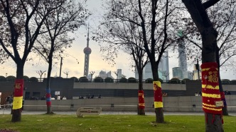 跨年迎新，上海外滩行道树穿上喜庆“毛衣”
