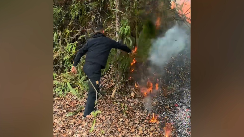 驾车途中遇山火,退伍军人带头出手稳住火情
