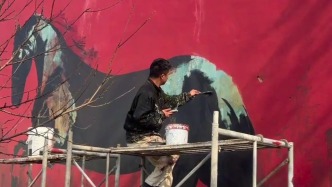 “愿大家馬年皆成黑馬”，男子花4天在村中畫出黑馬墻繪