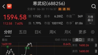算力芯片龙头寒武纪盘中涨幅扩大至8%，成科创板首支总市值破万亿个股