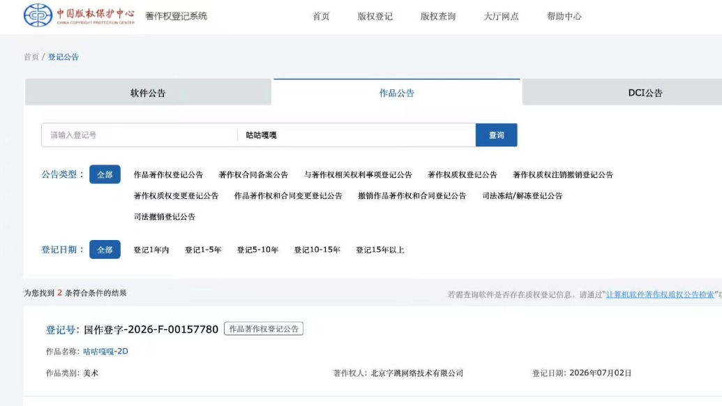 字节申请热门网络梗著作权，含“咕咕嘎嘎”“刀盾狗”