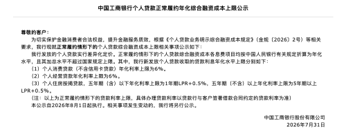 国有六大行公示个人贷款综合融资成本上限，8月1日起执行