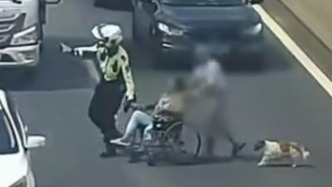 这一幕太险也太暖，警员助误入车流的老人脱困，小狗狗紧紧跟随主人