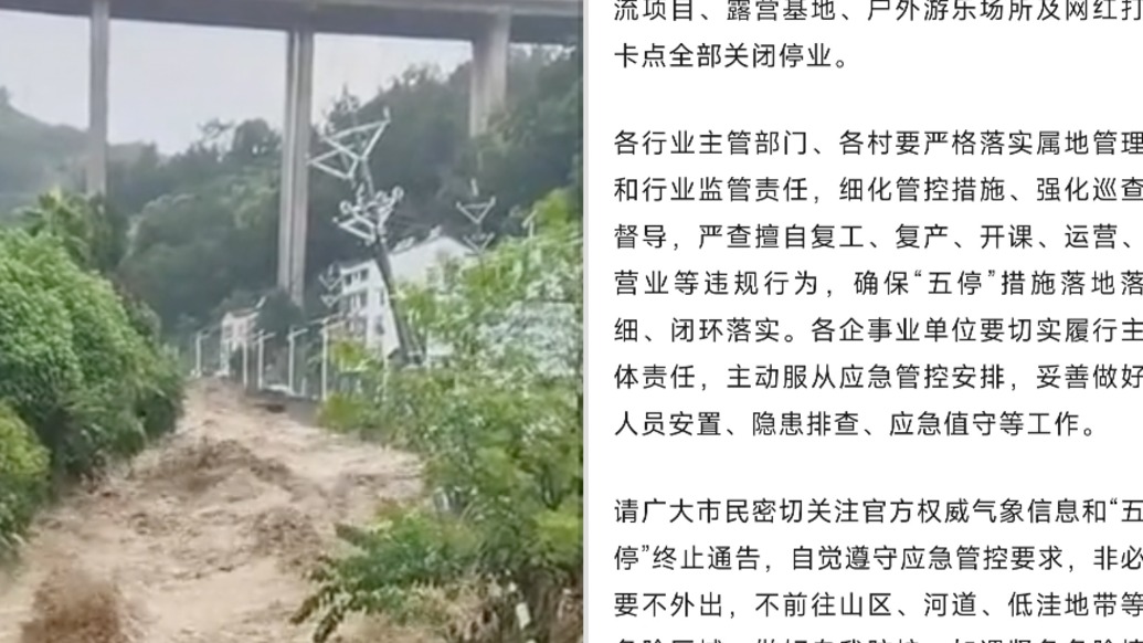 受强降雨影响，宜昌市秭归县通告：茅坪镇停工、停产、停课、停运、停业