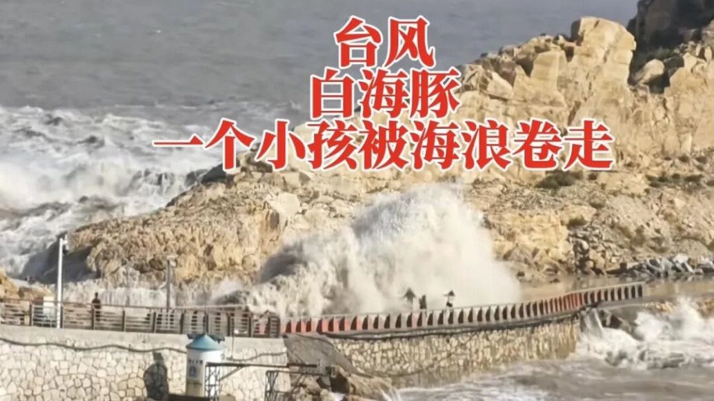 视频丨“白海豚”登陆前一家四口跑过温岭海边堤坝，男孩被巨浪卷走