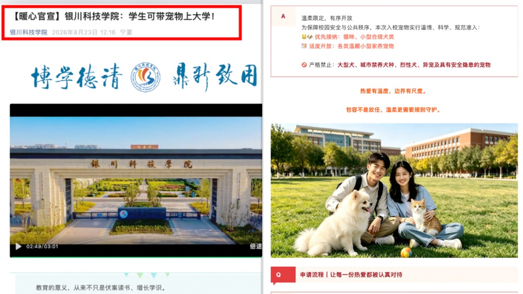 学生能带宠物上大学?银川一高校:仅大一新生报到时可短暂带入,寄养点还在建