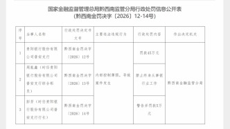 因内部控制薄弱导致案件发生，贵阳银行普安支行被罚款45万元