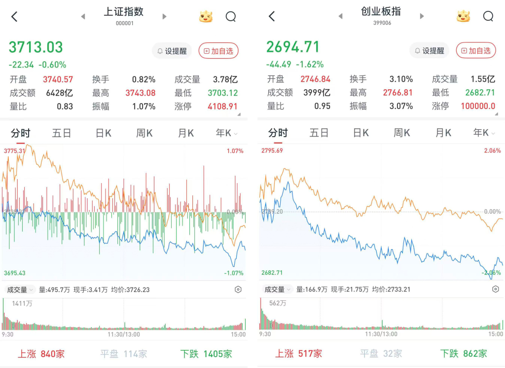 沪指跌0.6%守住3700点,创指跌1.62%失守2700点