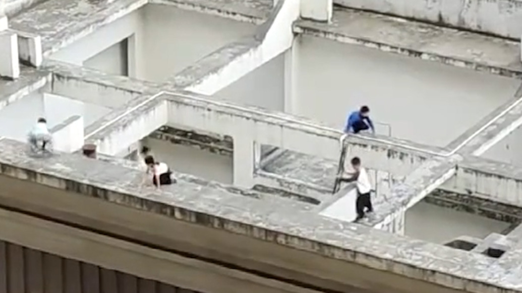 惊险!儿童拿梯子爬上顶楼天台玩耍,安徽铜陵一业主发现后通知物业