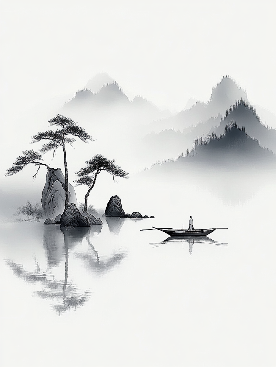 远山湖泊古树小船,黑白虚实尽显简约之美!