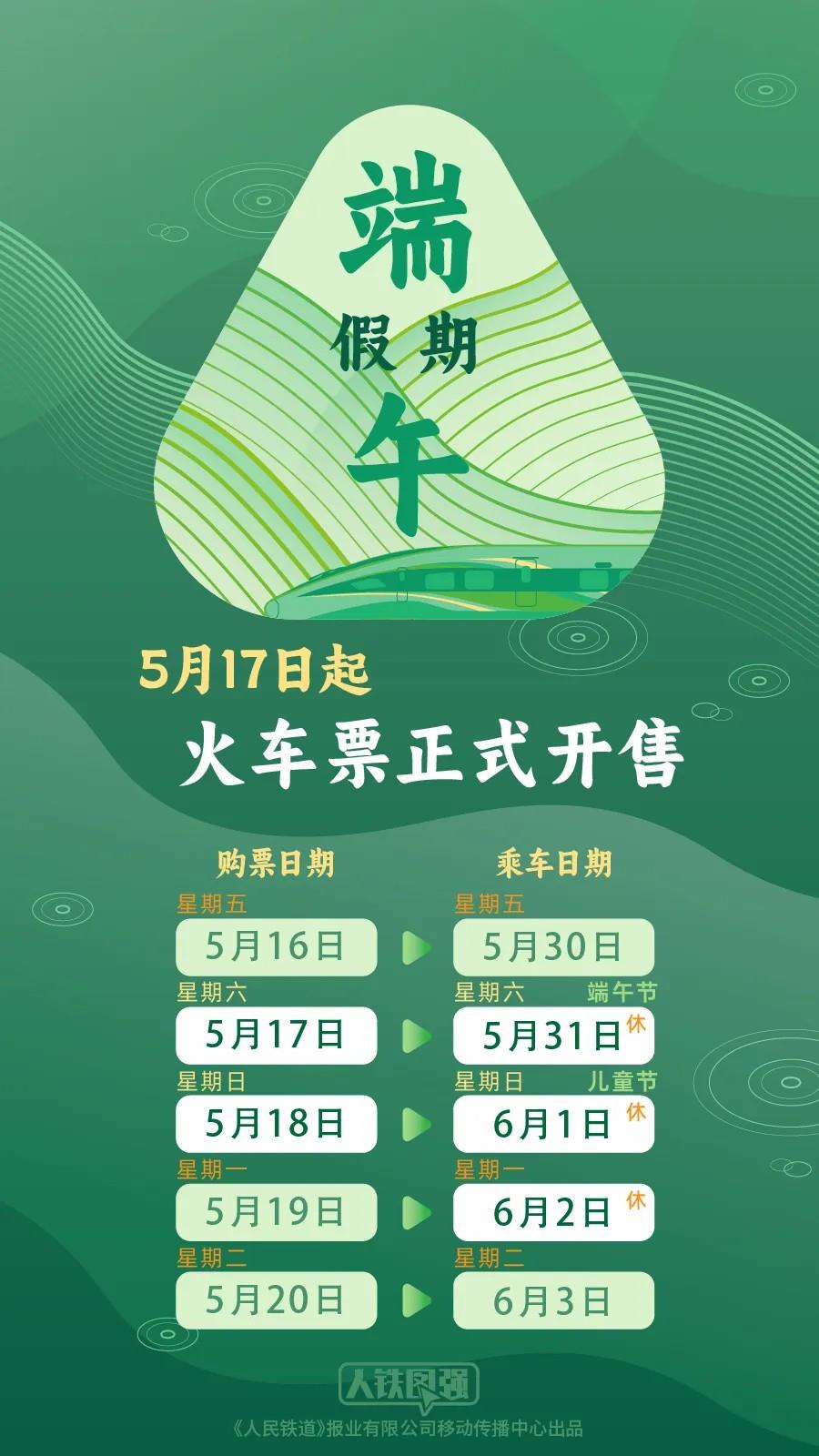 端午假期购票日历发布，今日可购买5月29日火车票