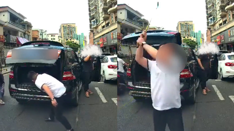 东莞一奔驰司机别停前车后用球杆狂砸挡风玻璃？当地警方回应