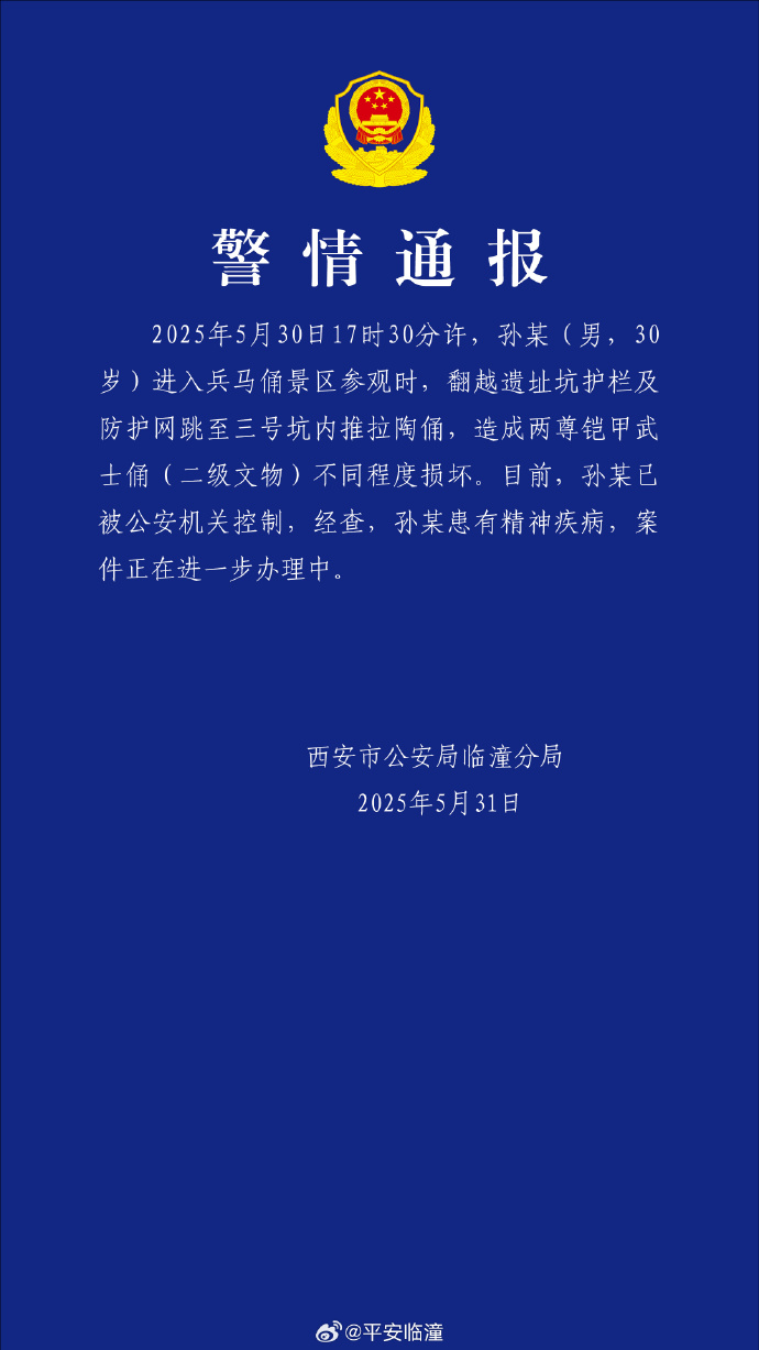 西安警方：进入兵马俑三号坑男子患有精神疾病，已被控制