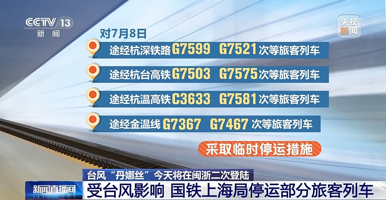 台风“丹娜丝”今天将在闽浙二次登陆，国铁上海局停运部分列车
