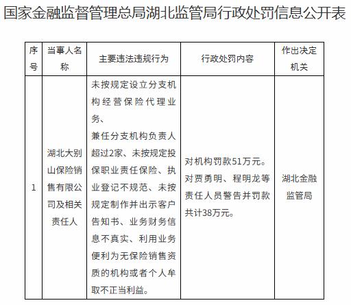 湖北大别山保险销售公司因多项违法违规行为被罚51万元