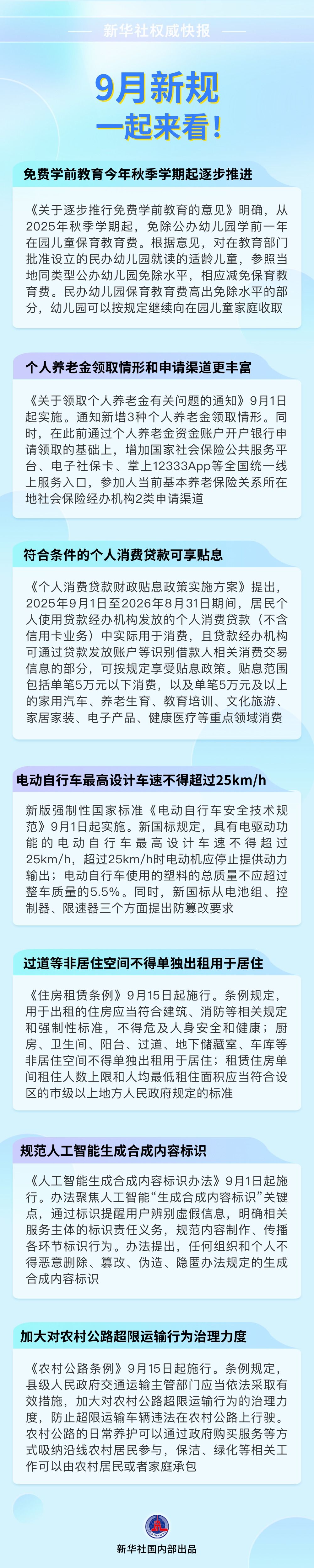 涉及免费学前教育、个人消费贷贴息等，九月起一批新规将实施
