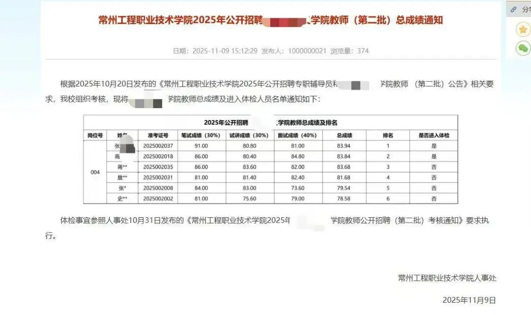 常州一高校招聘2名教师，进入体检环节的均为本校教师，校方：不存在萝卜岗