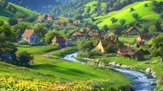 美丽风景我的家，一条小溪流过山脚下的村庄，乡村风光如诗如画