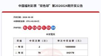 双色球第2026024期：中出一等奖2注，筹集公益金1.33亿元