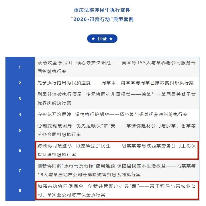 辖区2案例入选重庆法院涉民生执行案件“2026·迅雷行动”典型案例